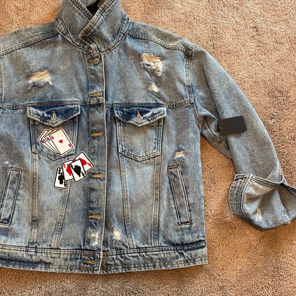 Distressed Denim Jacket With Playing Card Patches